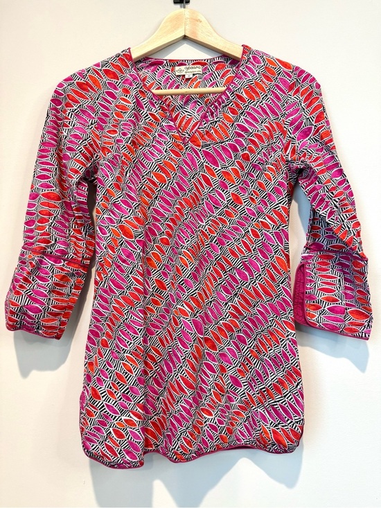 apsara Tops - Apsara Pink Orange Geometric Printed 3/4 Sleeve Lightweight Cotton Tunic